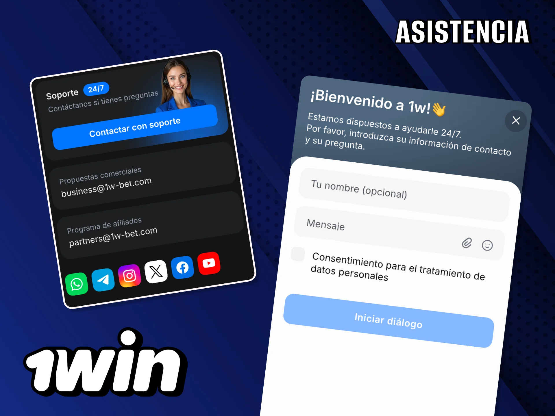 Reciba asistencia rápida y de calidad del servicio de atención al cliente de 1Win en la aplicación móvil.