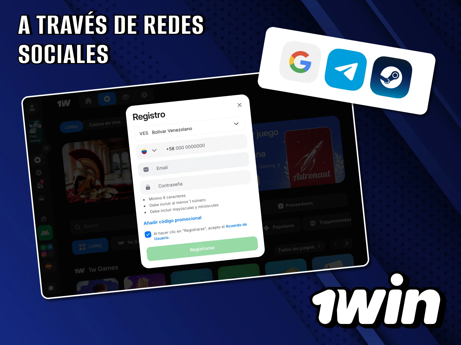 Registro rápido disponible en 1Win mediante Google o Telegram.